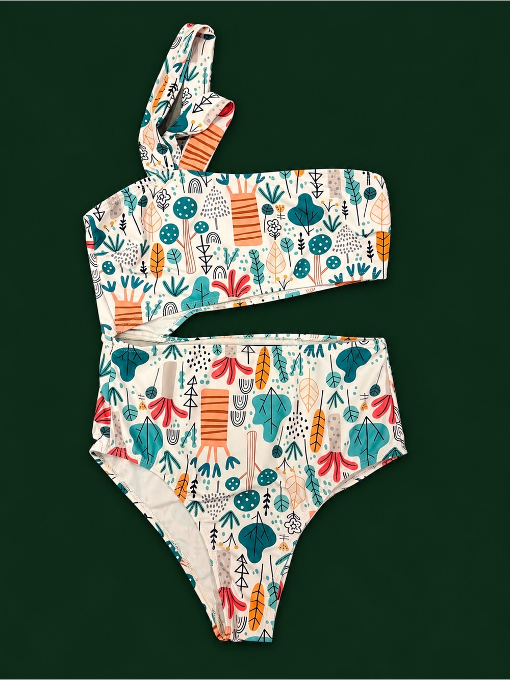 One-Shoulder women’s Bikini in Teal, Coral & Mustard